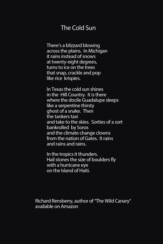 A poem titled 'The Cold Sun' discussing extreme weather phenomena, featuring lines about blizzards, unusual rains, and climate change. The text emphasizes various locations and weather events.